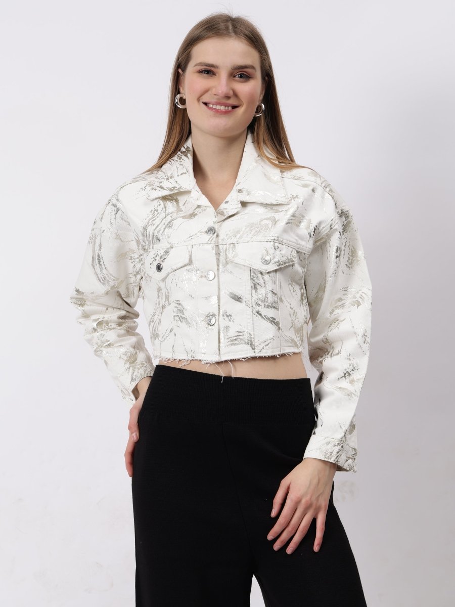 Gaiia Foil Abstract Print Denim Jacket - White - GAIIA